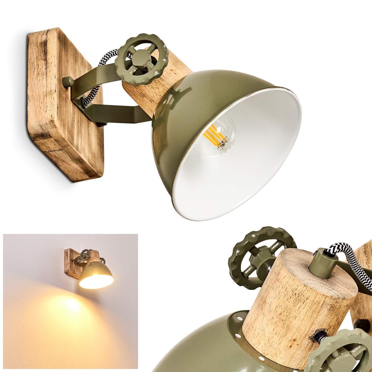 Wandleuchte Orny, verstellbare Wandlampe aus Metall/Holz in Grün/Weiß/Braun, 1-flammig, 1 x E27-Fassung, Wandspot im Retro/Vintage Design, ohne Leuchtmittel