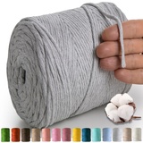 MeriWoolArt® Makramee Garn Grau - Makramee Garn 4mm farbig 225m - Super weiches Baumwollgarn, einfach gedrehte Makramee Schnur für Makramee Wandbehang, Blumenampel, Vorhang und Mehr DIY Deco