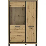 Forte Trondheim Highboardvitrine mit 1 Tür und 1 Glastür, Holzwerkstoff, Artisan Eiche kombiniert mit Schwarz Eiche, 101,4 x 161 x 41,5 cm