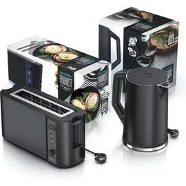 Arendo Frühstücksset, Wasserkocher mit Temperatureinstellung + Langschlitztoaster, Schwarz