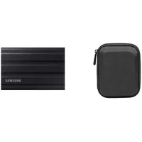 Samsung Portable SSD T7 Shield (MU-PE2T0S/EU), 2 TB, USB 3.2 Gen.2, 1.050 MB/s Lesen, 1.000 MB/s Schreiben, Schwarz + Amazon Basics Festplattentasche, schwarz