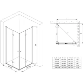 doporro Ravenna26 Eck-Duschkabine mit Falttür rechts 75 x 190 cm transparent ESG-Sicherheitsglas D648360641500