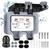 BlingBin Gartensteckdose Außensteckdose Aufputz Wandsteckdose, 2 Fach Steckdose, 1er Set, 1-St., 1tlg, mit Abschließbar Klappdeckel für Garten Außenbereich Feuchträume grau