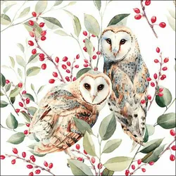 20 Servietten Papier 33x33cm 3-lagig - hochwertige Einweg Papierservietten Eulen Beerenzweige Tischdeko Natur Waldtiere Herbst Winter