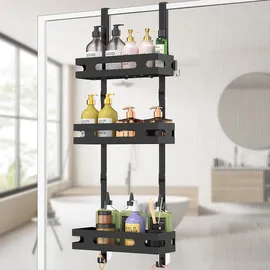 yeaupe pro Duschregal zum Hängen 3 Etagen – Duschregal Ohne Bohren für Glasduschwand, mit 2 Saugnäpfen, 6 Haken – Robuster Metall Badezimmer Organizer 78 cm, bis 18 kg Belastbar (Schwarz)