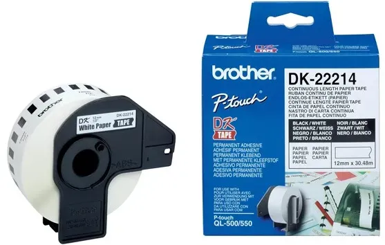 DK-22214 Continuous Paper Label Roll - Black on White 12mm wide