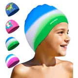 Badekappe Kinder - wasserdichte Badehaube für Jungen Mädchen, Silikon Schwimmkappe für 3-15 Jahre, Bequeme Badekappekinder mit UV-Schutz und rutschfest, Geeignet für Schwimmen Tauchen