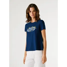 Pepe Jeans T-Shirt "MAHINA", Damen, Gr. XS, deep sea blau, Single Jersey, Obermaterial: 100% Baumwolle, bedruckt, regular fit hüftlang, Rundhals, Shirts T-Shirt, mit floralem Print