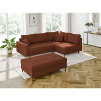 s-style möbel - Ecksofa mit Schlaffunktion und Hocker mit Braun Holzfüßen im skandinavischen Stil aus Terrakotta Cord-Stoff, Ottomane rechts - Orange