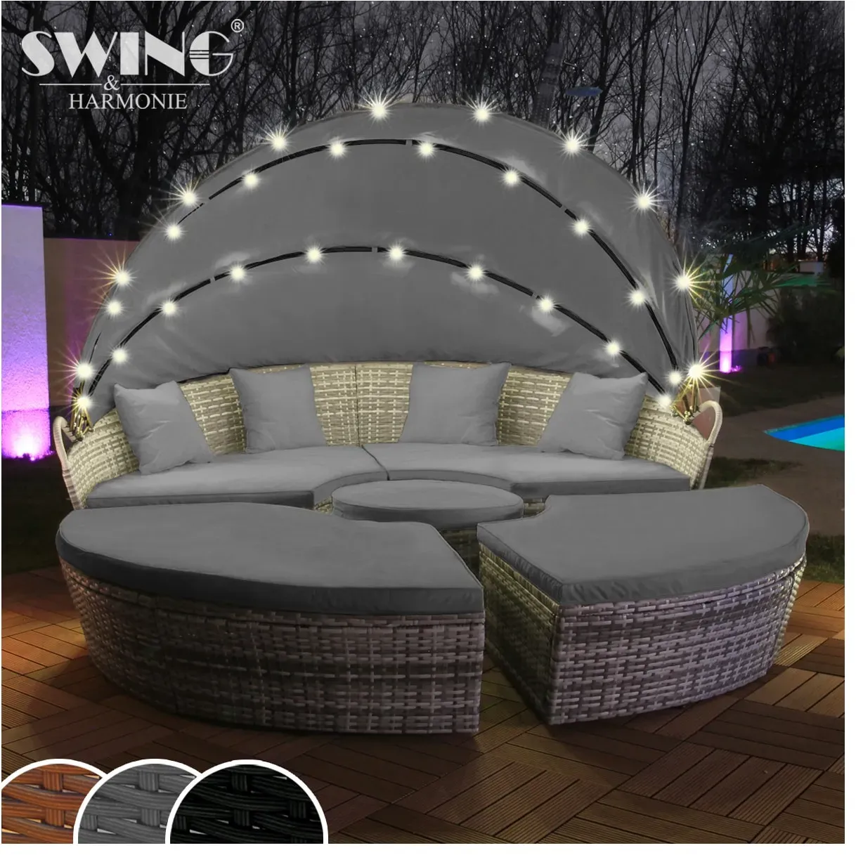 Swing&Harmonie LED - Sonneninsel Rattan Lounge Polyrattan Sitzgruppe Liege Insel inkl. Abdeckcover  - versch. Ausführungen