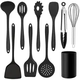 Homikit Küchenhelfer Set, 10 Stück Schwarz Silikon Küchenutensilien Kochutensilien Set mit Utensilienhalter, Antihaft Hitzebeständiger Kochbesteck Set für Kochen Backen, Gesund & Spülmaschinenfest