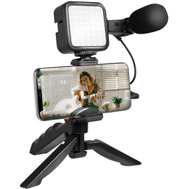 Logilink Vlogger Kit mit LED-Licht (36 LEDs), Shotgun-Mikrofon + Stativ, für 4,7–7" Smartphones, Schwarz