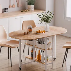 Mondeer Klappbarer Esstisch, Küchentisch mit 2 Ablagen, und Rollen 140 x 80 x 75 cm, Eiche+Weiß - Weiß