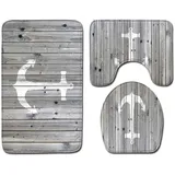 Shinewe 3-teiliges Badezimmerteppich-Set mit WC-Vorleger, rutschfeste Badematte, WC-Deckelbezug, WC-Vorleger-Set (grauer Anker)