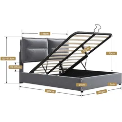 Merax Doppelbett 140x200 Polsterbett aus Samt mit Lattenrost & Hydraulische Stauraum Grau