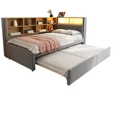 AUTOLOCK Schlafsofa(Dunkelgrau)Ausziehbett,ausgestattet mit LED Leuchten,Steckdosen und vielen Ablagefächern,Polsterbett,Multifunktionsschlafsofa,Einzelbett