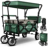 TRESKO Bollerwagen faltbar mit Dach Handwagen mit 2x3-Punkt Gurtsystem (Gartenwagen klappbar bis 80 kg Transportwagen mit Vollgummi-Reifen), + Vorder- und Hinter-Bremse + Tragetasche grün