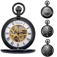 TREEWETO Unisex Taschenuhr Personalisiert Gravur mit Kette Analog Handaufzug Skelett Hochglanz Poliert Schwarz