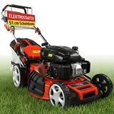 HECHT 5-IN-1 Benzin Rasenmäher – leistungsstarker 4 Takt Motor 4,0 kW (5,5 PS) – Elektrostart – 51 cm Schnittbreite – 65 l Fangkorb – Radantrieb – patentierte Räder – Mulchmäher Rasenmäher