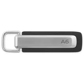 Audi Collection Audi 3182500700 Schlüsselanhänger Metall Leder Anhänger Schlüsselring Keyring Gravur, mit A6 Schriftzug und Audi Ringe Logo, silber/schwarz