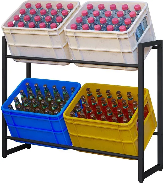 eSituro 2-stufiges Getränkeregal, schräges Lagerregal, Küchenregal-Organizer für 4-6 Körbe Bier/Obst/Gemüse, robuste Edelstahlstütze, Schwarz