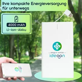 ideoon Kompakte Powerbank USB-C (4.000mAh) – Ultra-Slim Powerbank mit fest integriertem Kabel & Adapter – Mobiler Akku-Boost