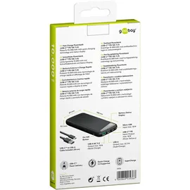 goobay Schnelllade-Powerbank 10.000 mAh (USB-CTM PD, QC 3.0 Powerbank mit Schnellladefunktion/Externer Akku/Power Bank für Smartphone - Tablet/Ladegerät Powerpack mit 2 USB-A Ports, Schwarz,