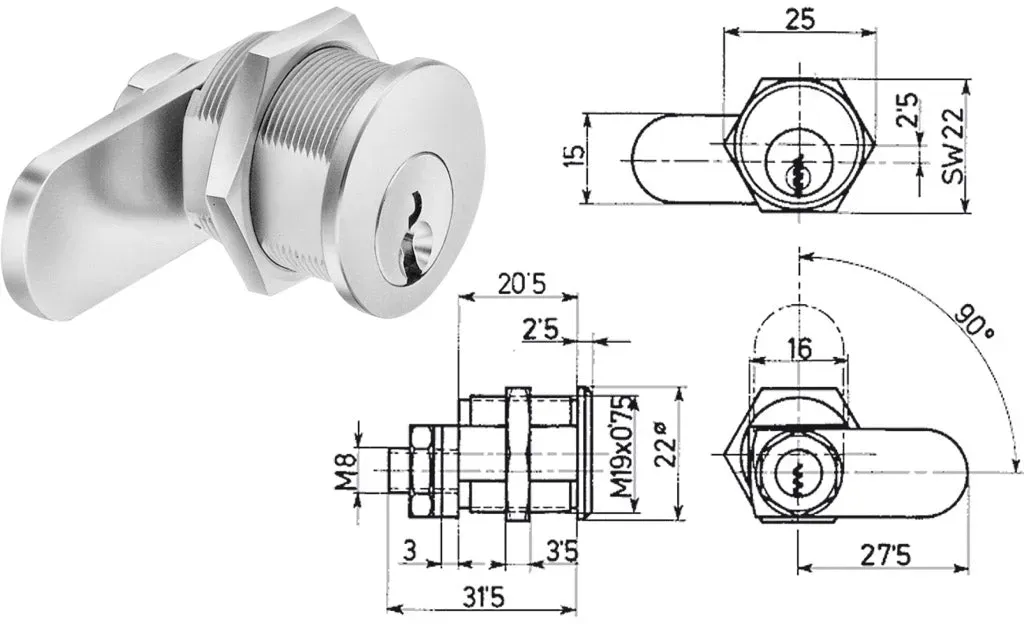 Blechmontagezylinder MB 19/5 (Hebelzylinder) Kleines Profil