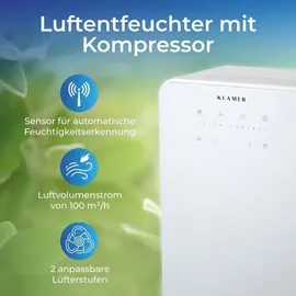 Klamer Luftentfeuchter elektrisch 12L, 100m3 Luftumwälzung pro Stunde, 280W starker Raumentfeuchter, Entfeuchter mit bis zu 2 Liter Fassungsvermögen