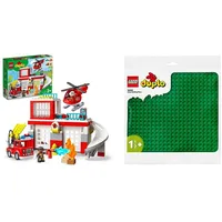 LEGO 10970 DUPLO Feuerwehrwache mit Hubschrauber & 10980 DUPLO Bauplatte in Grün, Grundplatte für DUPLO Sets, Konstruktionsspielzeug für Kleinkinder, Mädchen und Jungen