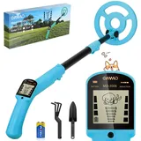 OMMO Metalldetektor für Kinder, Hochpräziser Metalldetektoren mit LCD-Display, Leichter Kinder-Metalldetektor mit Verstellbarem Stiel, 6 '' Suchspule, Golddetektor mit Schaufel Rechen, Azure