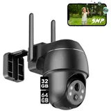 5MP Überwachungskamera Aussen Akku Kabellose WLAN IP Kamera Outdoor Nachtsicht in Farbe mit 32&64GB Speicher Karte - Schwarz