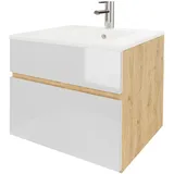 wohnartig® Stella Waschtischunterschrank – Hängend | Eiche Artisan | Weiß Hochglanz | 50,5 × 39,3 × 50 cm | Moderner Waschbeckenunterschrank mit Keramikwaschbecken | Waschbecken mit Unterschrank