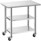 Vevor Gasto Arbeitstisch 915 x 610 x 864 mm, Edelstahltisch mit 3 Ebenen & Rollen & Höhenverstellbaren Ablagen Belastbarkeit Top 227 kg & 2 Unterablagen je 191 kg Vorbereitungstisch für Restaurant