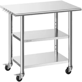 Vevor Gasto Arbeitstisch 915 x 610 x 864 mm, Edelstahltisch mit 3 Ebenen & Rollen & Höhenverstellbaren Ablagen Belastbarkeit Top 227 kg & 2 Unterablagen je 191 kg Vorbereitungstisch für Restaurant