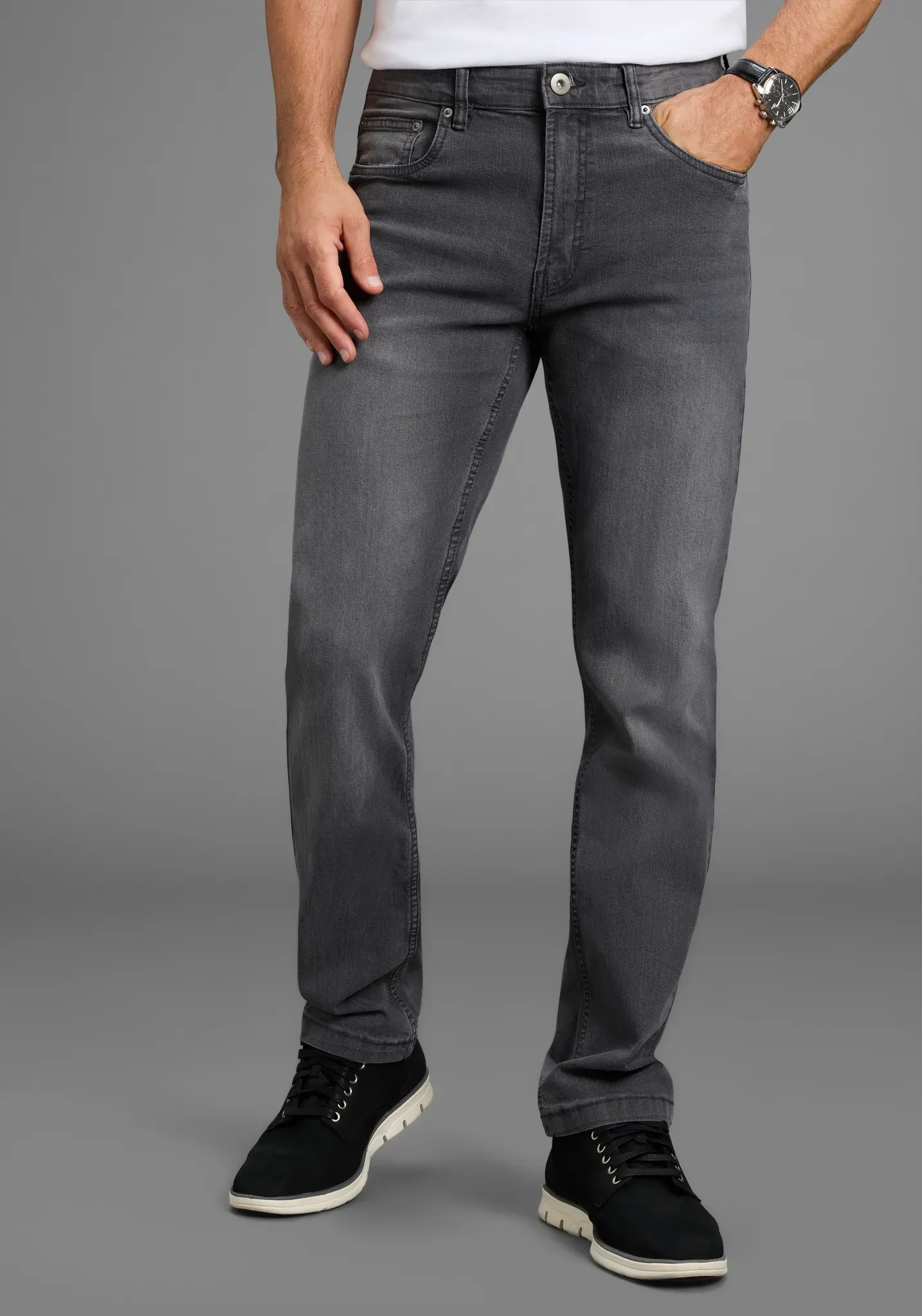 Straight-Jeans ARIZONA, Herren, Gr. 24, U + N + S Gr, grau (grau used), Denim/Jeans, Obermaterial: 84% Baumwolle, 14% Polyester, 2% Elasthan, unifarben, straight fit lang, Jeans Straight-Jeans, gerader Schnitt, normale Leibhöhe, mit Knopf- und Reißverschluss