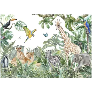 WallArena - Vlies Fototapete Kinderzimmer 312x219 cm Dschungel Tiere Wald Natur Babyzimmer - Fototapeten Tapeten für Kinder Kindertapete Kinderzimmertapete - Vliestapete Wandtapete Tapete 3D Effekt