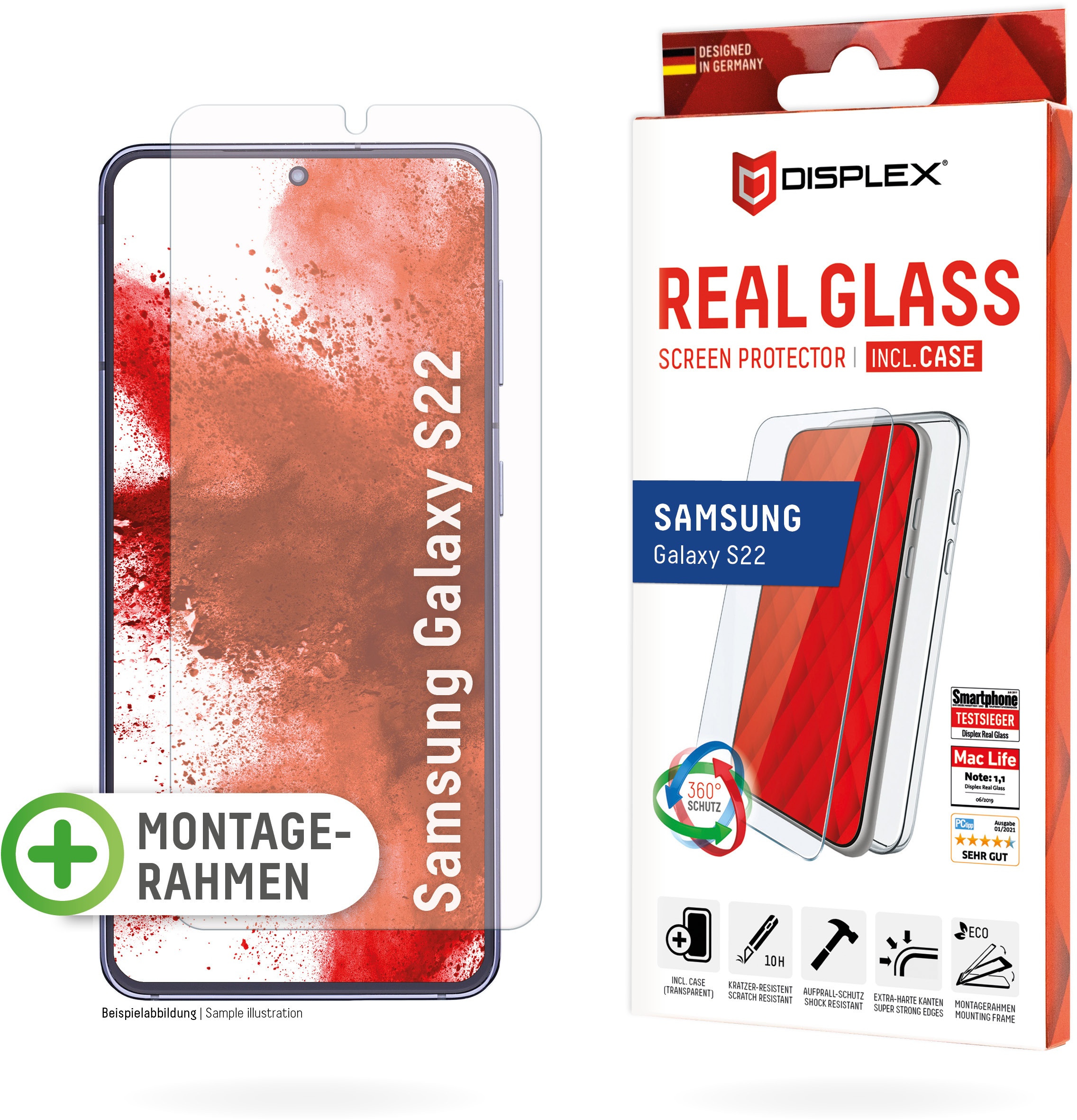 DISPLEX Panzerglas (10H) + Schutzhülle für Samsung Galaxy S22 Eco-Montagerahmen, + Case, Tempered Glas, kratzer-resistente Schutzfolie