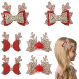 JIEYAO 6 Stück Weihnachten Haarspangen, Glitter Geweih Haarclips Rote Schleife Haarnadeln Haarschmuck für Rentier Geweih Haarklammern Weihnachts Deko Hirsch Haar Accessoires für Kinder Mädchen Damen