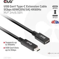 Club 3D USB-Typ-C Gen1 Verlängerungskabel 5Gbps 60W(20V/3A) 4K60Hz St./B 1m