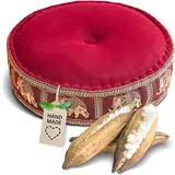 livasia Meditationskissen mit Thaiseide - Ø 45x15cm - Yogakissen mit Kapok, Pouf, Bodenkissen für Yoga und Zen Meditation, Sitzkissen für Garten und Balkon, Zafukissen (Rot/Elefanten Seide)