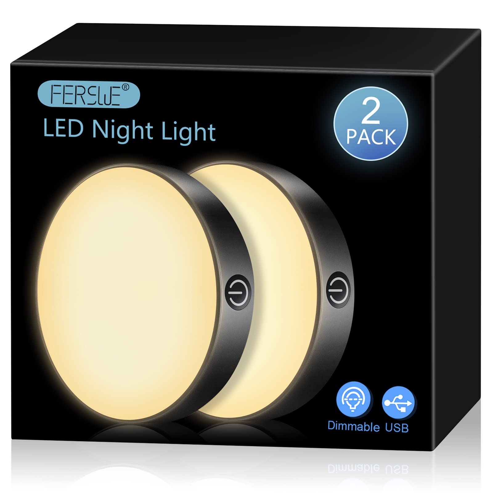 Ferswe Dimmbar LED Nachtlicht Warmweiß, USB Wiederaufladbare Led Batteriebetrieben mit 1000mAh Große Batterie, Led Touch Lampe für Schlafzimmer, Badezimmer, Küche, Wohnzimmer(2 Stück)