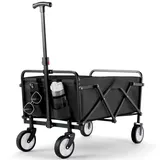 Bollerwagen Faltbar Handwagen All Terrain Räder, Gartenwagen mit Getränkehalter verstellbarem Griff, Transportwagen Klappbar Strandwagen, Gartenkarre, Einkaufswagen, Camping (Schwarz1)