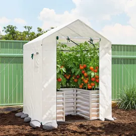 Outsunny Tomatengewächshaus Foliengewächshaus mit Hochbeet Rolltor Fenster Schrägdach 141 x 141 x 190 cm Stabil Treibhaus mit PE-Folie Tomatenhaus Gewächshaus für Garten, Balkon, Terrasse Weiß