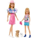 Barbie und jüngere Schwester Stacie - Sorgen für Geschwisterabenteuer in sommerlicher Kleidung und Accessoires, inklusive Kamera, Fernglas, Sommerhut und Zwei Hündchen, für Kinder ab 3 Jahren, HRM09