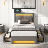 XDOVET Polsterbett mit USB-Anschluss LED-Beleuchtung und vier Schubladen Familienbett Doppelflachbett 90x200cm Grau - Grau