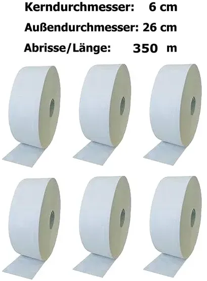 Toilettenpapier Großrolle weiß 2-lagig 6 Rollen/Paket, 350 m, perforiert, 100% Zellstoff