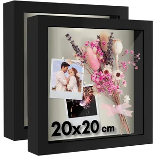 Americanflat 3D-Bilderrahmen zum Befüllen in Schwarz - 2er Set - 20x20 cm Tiefer Objektrahmen mit Weichem Leinentuch als Rückwand - MDF-Holzrahmen mit Bruchsicheren Glas, Aufhängung für die Wand