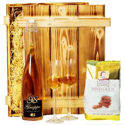 Geschenkbox-24 Geschenkset "Venedig" | Italienischer Geschenkkorb gefüllt mit Grappa, Gläser, italienischer Schokolade & Holzkiste
