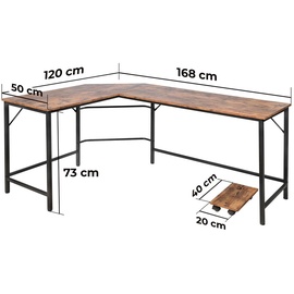 Vendomnia Schreibtisch L Form - industrial Design, aus Metall, 138x138 cm, mit mobiler Ablage, Schwarz Braun - Eckscreibtisch, Com - Schwarz